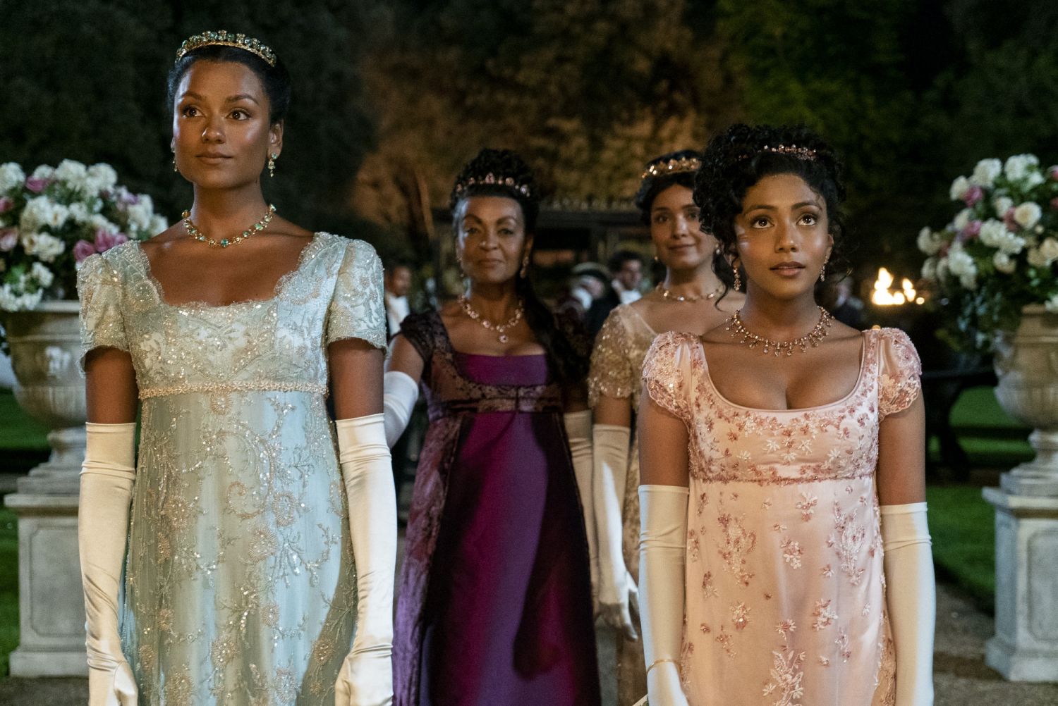 Bridgerton. (L to R) Simone Ashley as Kate Sharma, Adjoa Andoh as Lady Danbury, Shelley Conn as Mary Sharma, Charithra Chandran as Edwina Sharma in episode 201 of Bridgerton. Cr. Liam Daniel/Netflix © 2021