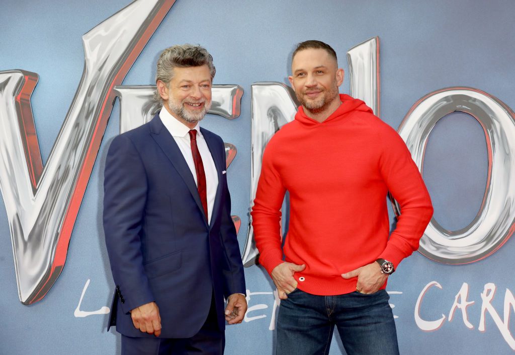 LONDON, ENGLAND - SEPTEMBER 14: Andy Serkis and Tom Hardy attend the fan screening of "Venom: Let There Be Carnage" at Cineworld Leicester Square on September 14, 2021 in London, England. (Photo by Tristan Fewings/Getty Images for Sony)