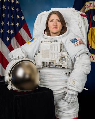 Photo Date: 11-7-2018Location: Bldg 8 Photo StudioSubject: Astronaut Christina Koch Official EMU (Photo: Bill Stafford / NASA)
