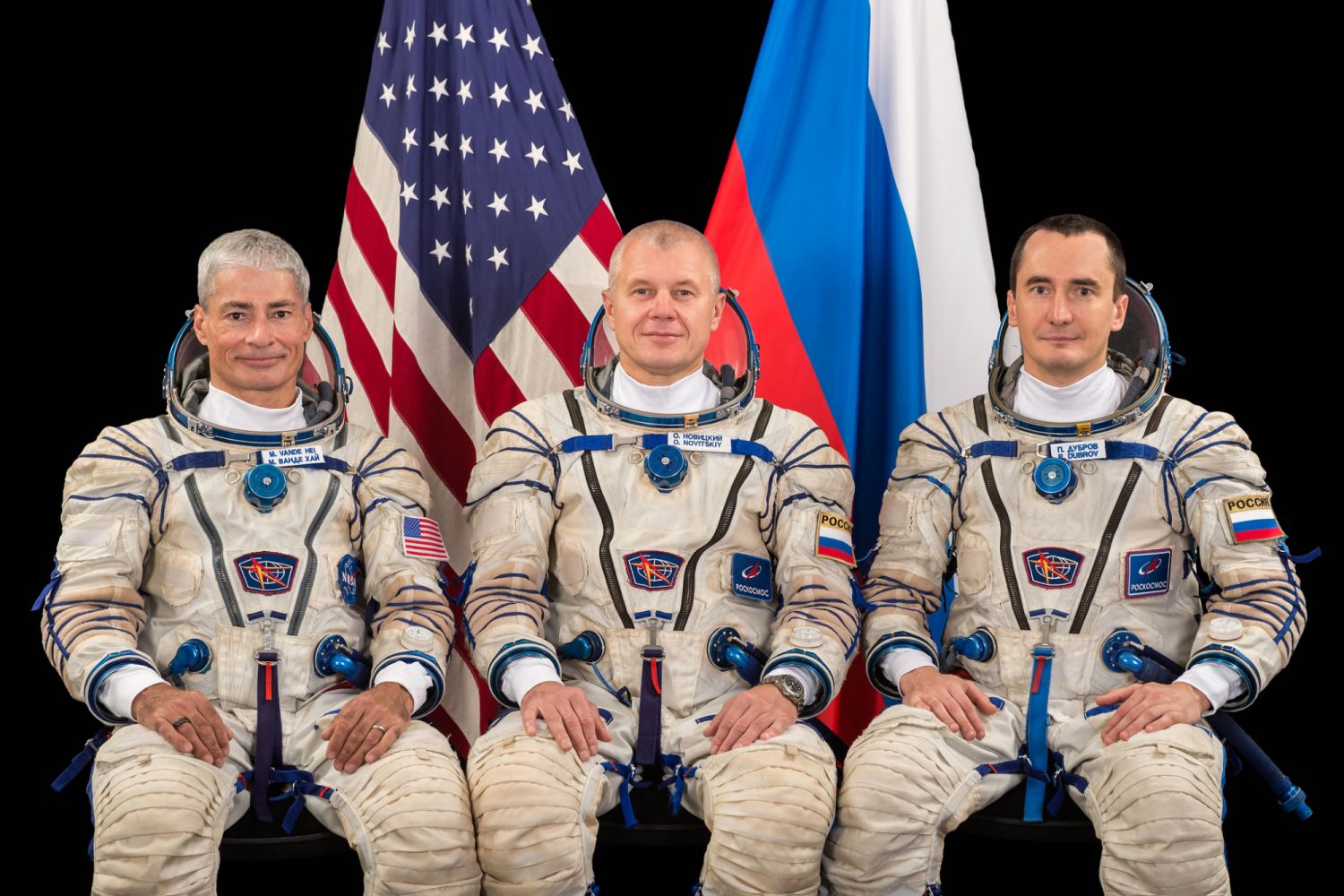 Expedition 64 backup crew members Mark Vande Hei of NASA and Oleg Novitskiy and Petr Dubrov of Roscosmos pose for crew portrait at the Gagarin Cosmonaut Training Center in Russia. (Photo: NASA)