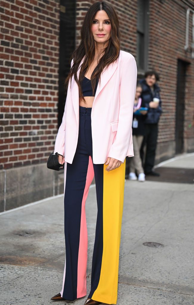 NEW YORK, NEW YORK - MARCH 14: Sandra Bullock is seen outside the 'The Late Show with Stephen Colbert' at the Ed Sullivan Theater on on March 14, 2022 in New York City. (Photo by James Devaney/GC Images)
