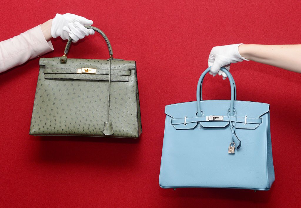 A Hermes Birkin and a Hermes Kelly at a pre- auction photo calls for Hermes handbags at Bonhams, Knightsbridge. (Photo by rune hellestad/Corbis via Getty Images)