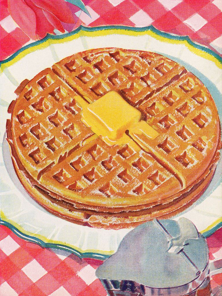 Vintage illustration of butter melting on a stack of round waffles, with a syrup dispenser; screen print, 1935. (Photo by GraphicaArtis/Getty Images)