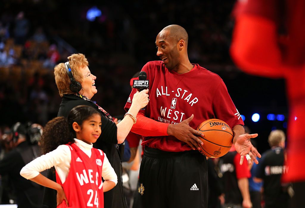 TORONTO, ON - FEBRUARY 14: Kobe Bryant #24 of the Los Angeles Lakers and the Western Conference warms up with daughter Gianna Bryant during the NBA All-Star Game 2016 at the Air Canada Centre on February 14, 2016 in Toronto, Ontario. NOTE TO USER: User expressly acknowledges and agrees that, by downloading and/or using this Photograph, user is consenting to the terms and conditions of the Getty Images License Agreement. (Photo by Elsa/Getty Images)
