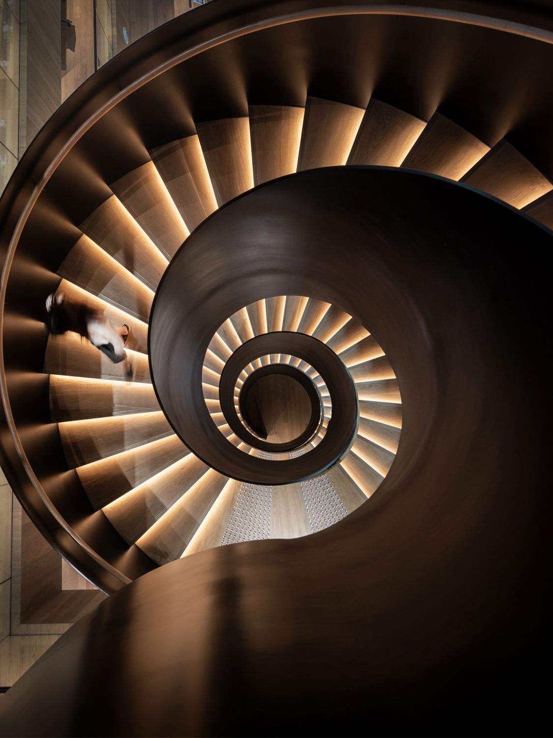 A top-down view of the statement staircase within Dyson's headquarters