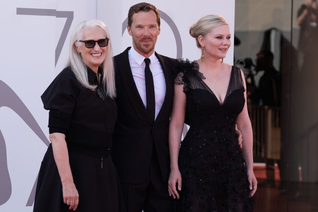 Kirsten Dunst, Director Jane Campion and Benedict Cumberbatch attend the red carpet of the movie "The Power Of The Dog" during the 78th Venice International Film Festival on September 02, 2021 in Venice, Italy (Photo by Luca Carlino/NurPhoto via Getty Images)