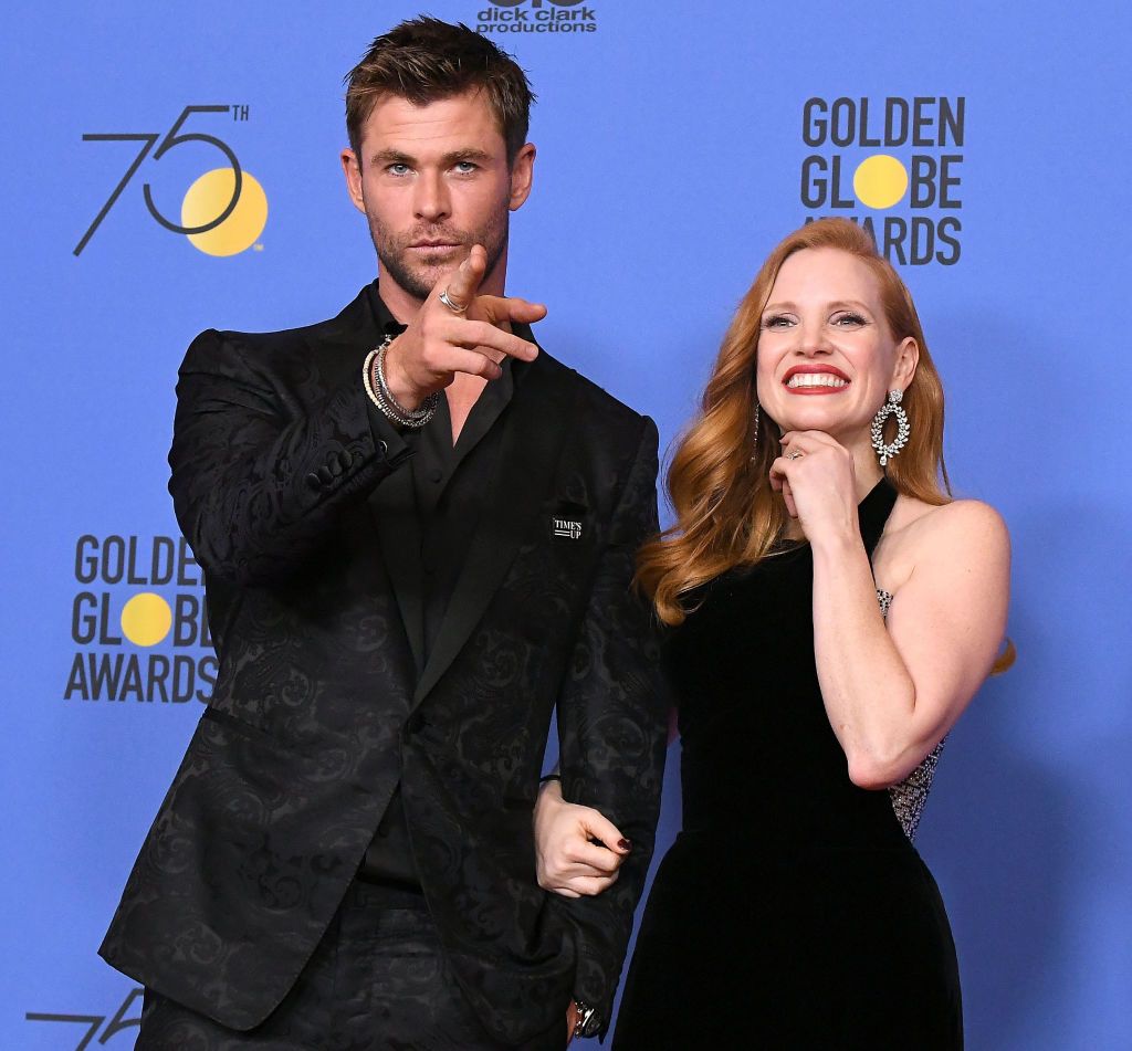 BEVERLY HILLS, CA - JANUARY 07:  Chris Hemsworth, Jessica Chastain poses at the 75th Annual Golden Globe Awards at The Beverly Hilton Hotel on January 7, 2018 in Beverly Hills, California.  (Photo by Steve Granitz/WireImage)