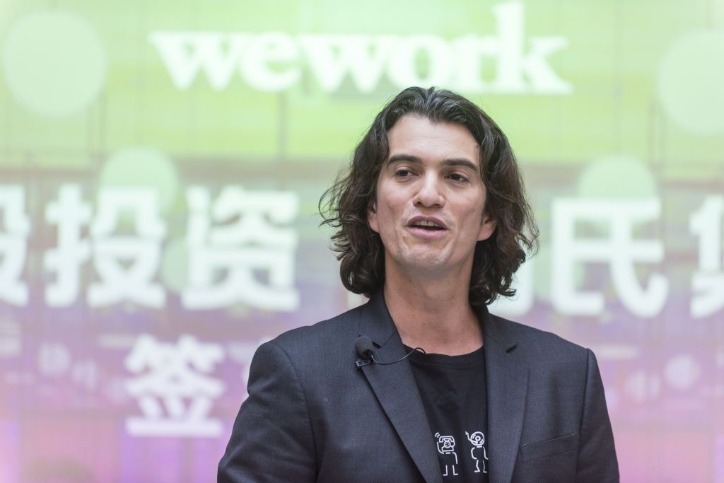SHANGHAI, CHINA - APRIL 12:  Adam Neumann, co-founder and chief executive officer of WeWork, speaks during a signing ceremony at WeWork Weihai Road flagship on April 12, 2018 in Shanghai, China. World's leading co-working space company WeWork will acquire China-based rival naked Hub for 400 million U.S. dollars.  (Photo by Jackal Pan/Visual China Group via Getty Images)