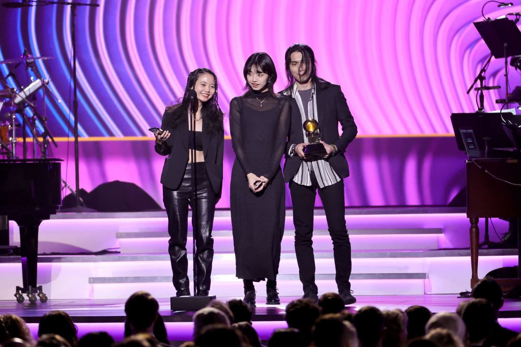 LAS VEGAS, NEVADA - APRIL 03: (C-R) Li Jheng Han and Yu Wei of Pakelang accept the Best Recording Package award onstage during the 64th Annual GRAMMY Awards Premiere Ceremony at MGM Grand Marquee Ballroom on April 03, 2022 in Las Vegas, Nevada. (Photo by Matt Winkelmeyer/Getty Images)