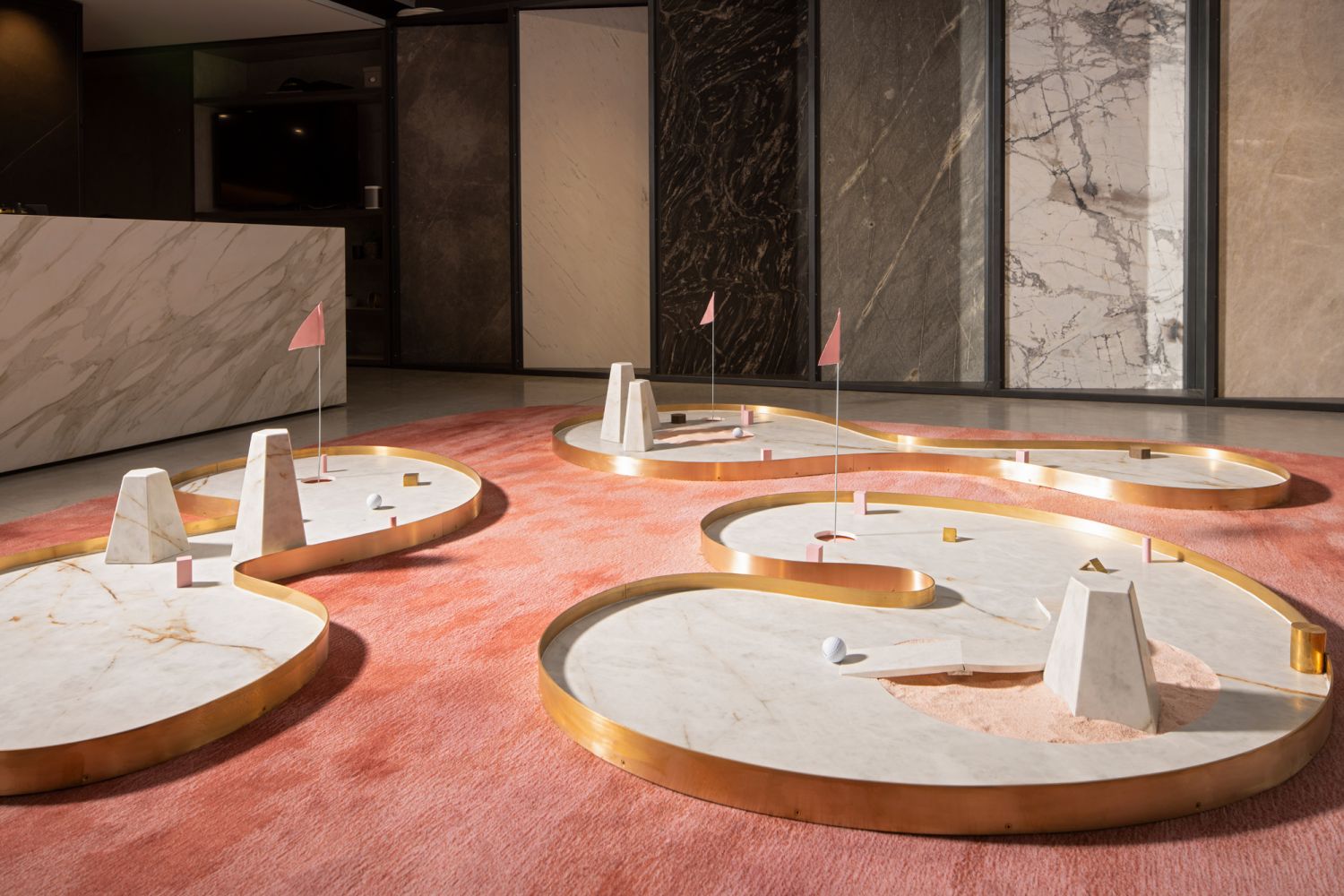 As part of a collaboration with Neolith and CDK Stone in Australia, Lee used a newly engineered Himalayan Crystal stone to design a miniature golf course (Image: Olivia Lee)
