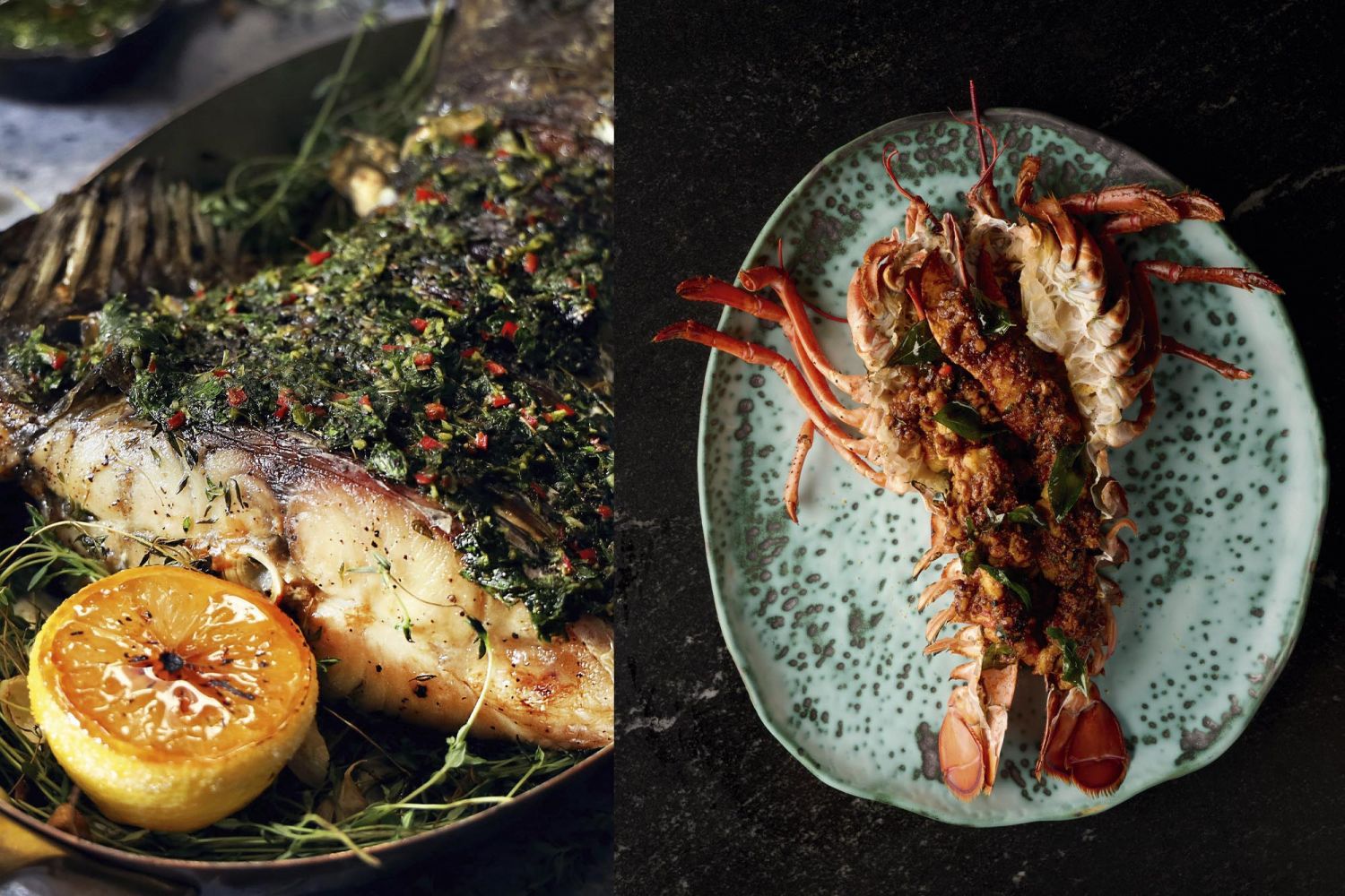 Revolver’s lobster dish enhanced with pepper and garlic butter; Bedrock Origin’s aged Kühlbarra barramundi tail