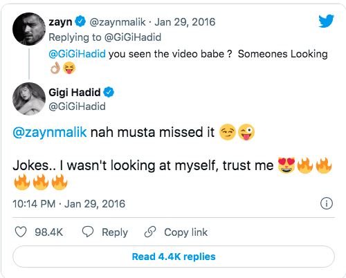 A 'flirty' tweet exchange between Zayn Malik and Gigi Hadid