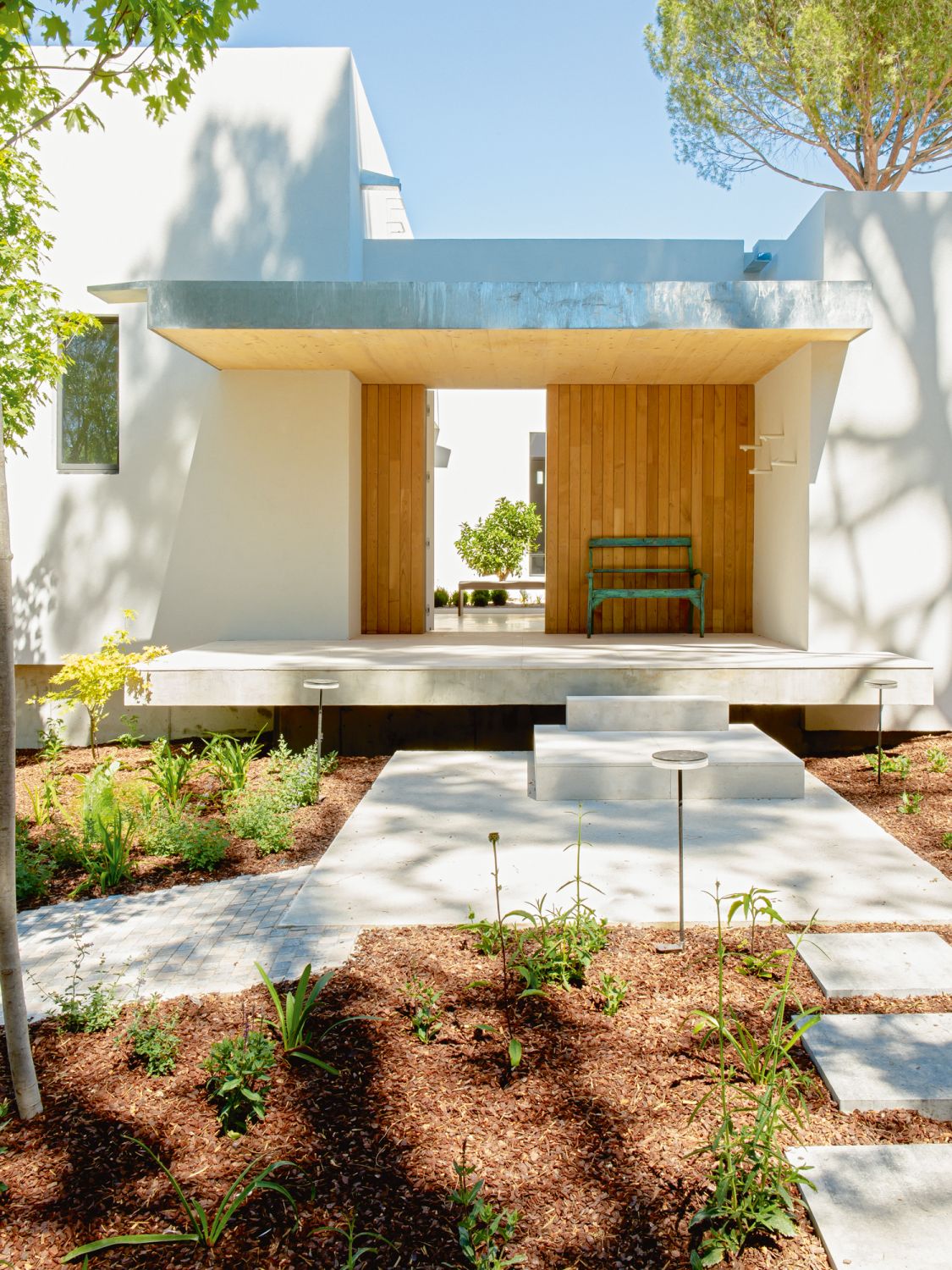 A view of the home’s entrance from the garden