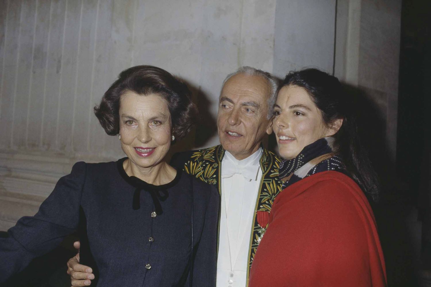French L'Oreal heiress, socialite, businesswoman and philanthropist Liliane Bettencourt, her husband politician Andre Bettencourt, and their daughter Françoise Bettencourt-Meyers attend his welcome ceremony at the Academie Française. Andre Bettencourt is elected member of the Fine Arts Academy on March 23, 1988 at the seat of Michel Fare. (Photo by Pierre Vauthey/Sygma/Sygma via Getty Images)
