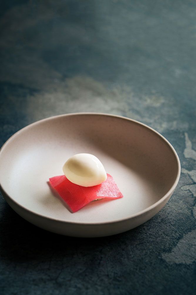 Celeriac ice cream, pickled guava, fried capers, vanilla rose