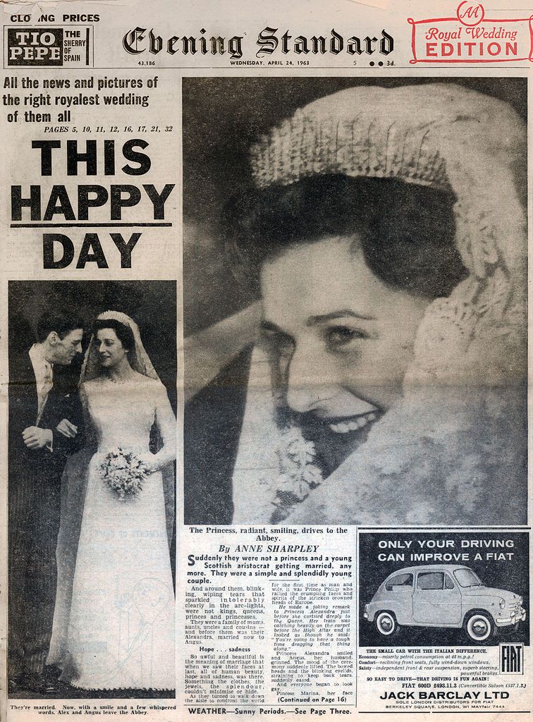 Marriage of Princess Alexandra and Angus Ogilvy, 24 April 1963. Front page of the Evening Standard newspaper. (Photo by The Print Collector/Print Collector/Getty Images)