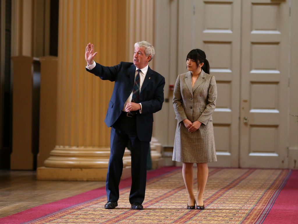 Her Imperial Highness Princess Mako of Akishino, the first daughter of His Imperial Highness Prince Akishino in Japan, is shown the Playfair Library in the Old College at at Edinburgh University by Professor Sir Timothy O'Shea Principle and Vice Chancellor at the University. (Photo by Andrew Milligan/PA Images via Getty Images)