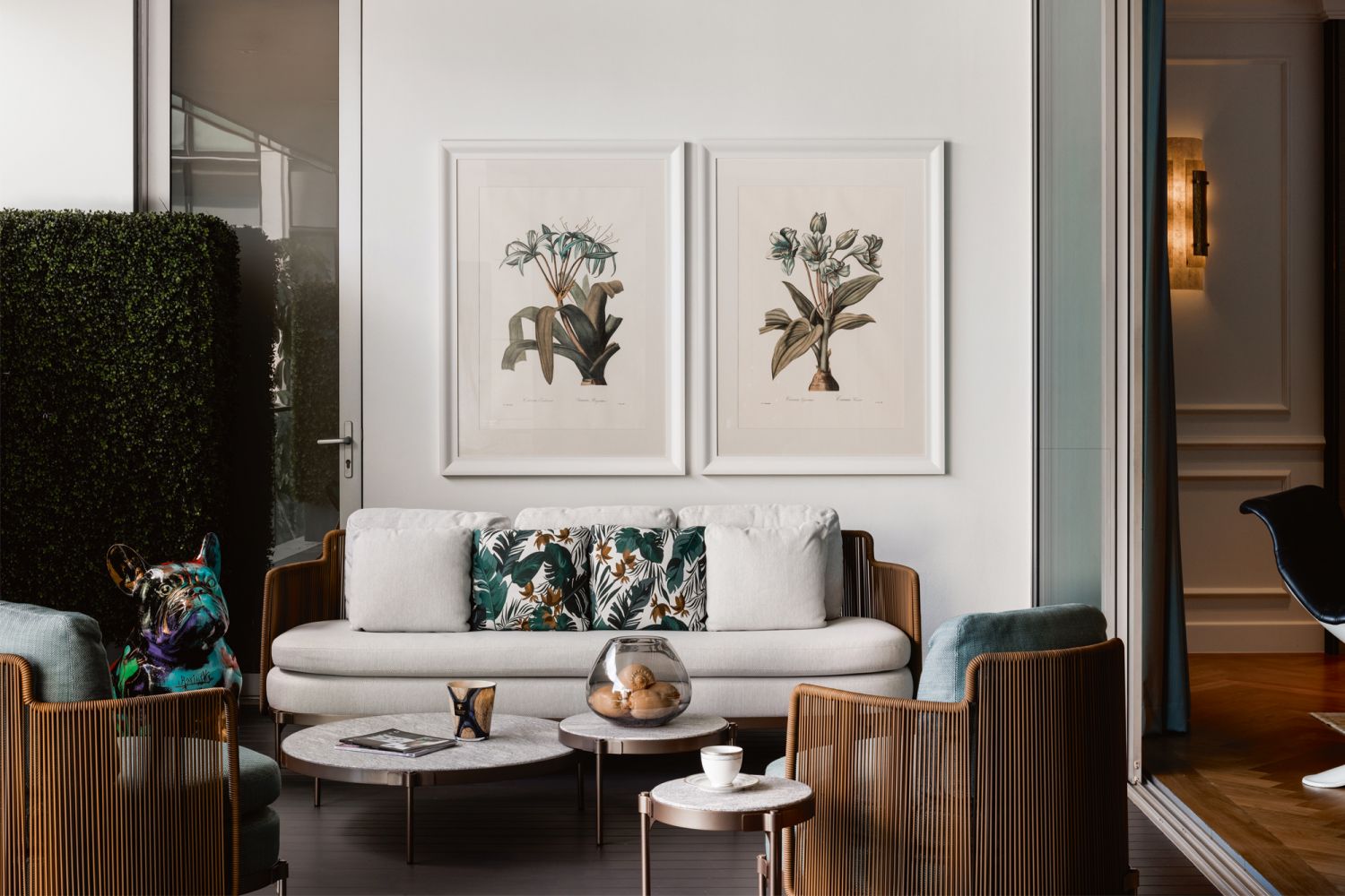 A balcony designed by Mosh Interior featuring a sculpture by Julien Marinetti