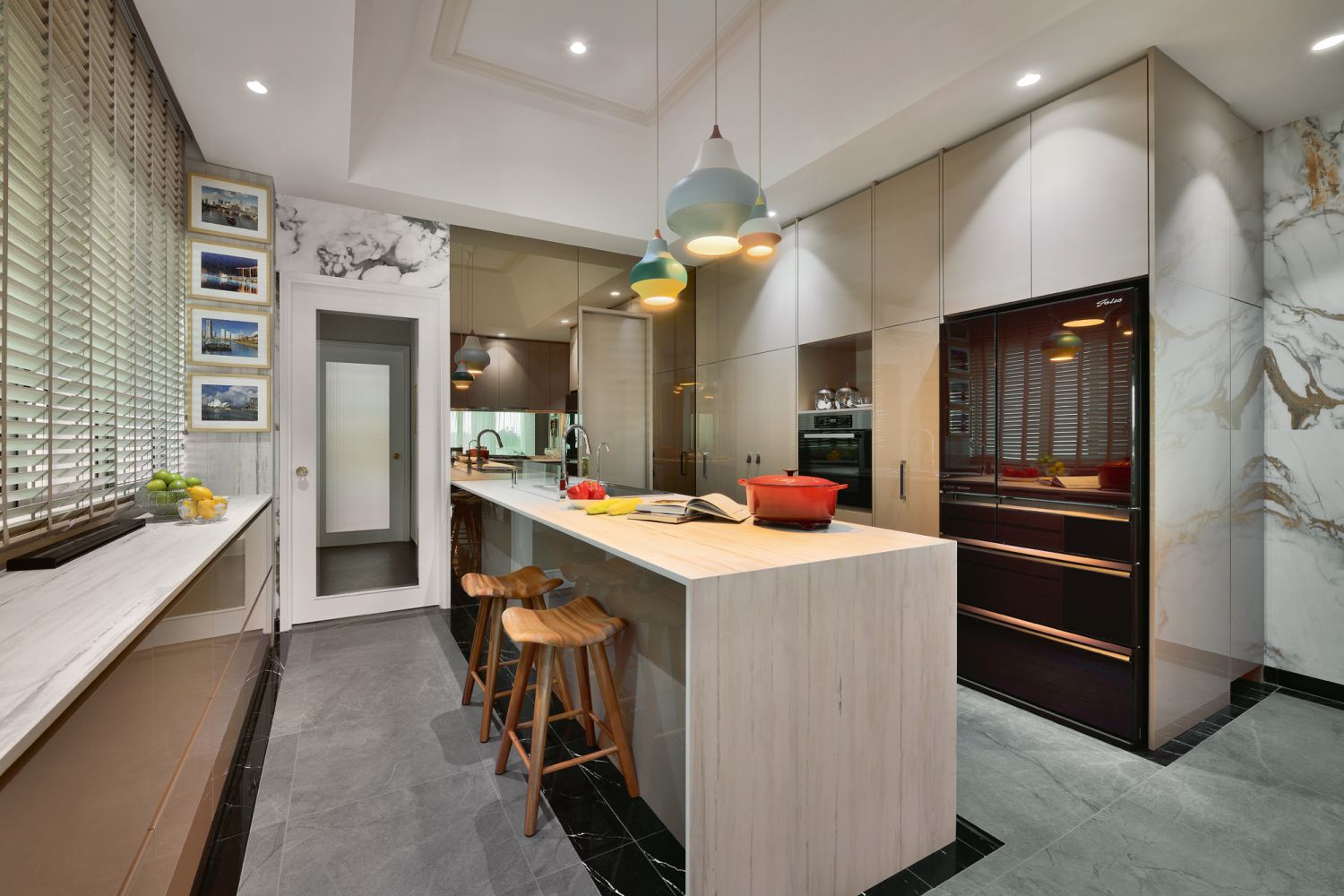 Light grey flooring differentiates the kitchen from the other communal areas of the home