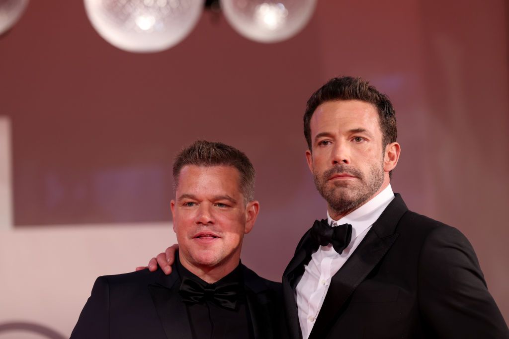VENICE, ITALY - SEPTEMBER 10: Ben Affleck and Matt Damon attend the red carpet of the movie "The Last Duel" during the 78th Venice International Film Festival on September 10, 2021 in Venice, Italy. (Photo by Franco Origlia/Getty Images)