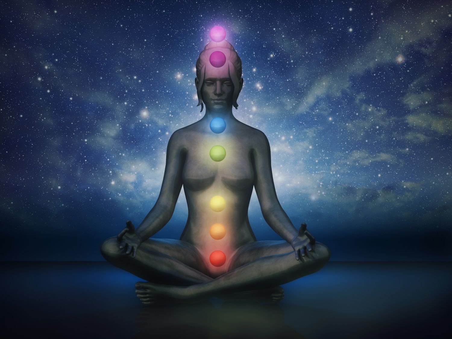 Lotus position meditation with visible chakras.
