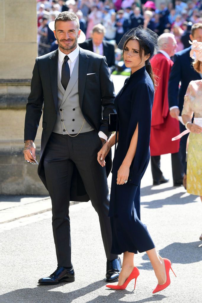 WINDSOR, UNITED KINGDOM - MAY 19: David Beckham and Victoria Beckham arrive at St George's Chapel at Windsor Castle before the wedding of Prince Harry to Meghan Markle on May 19, 2018 in Windsor, England. (Photo by Ian West - WPA Pool/Getty Images)