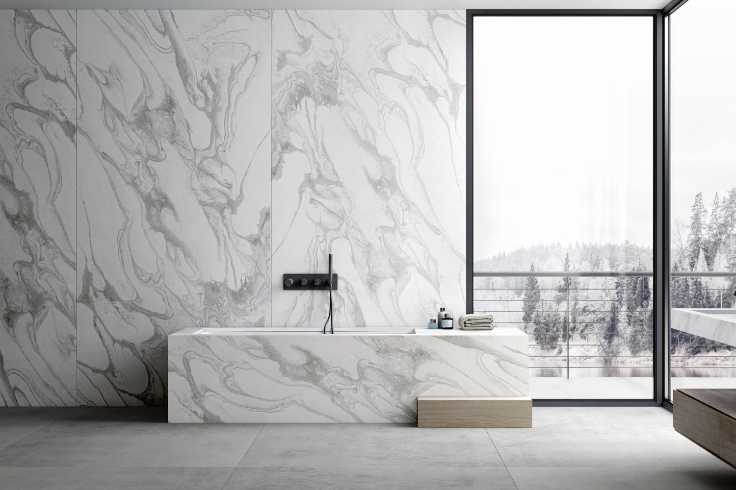 A bathroom clad in surfaces from the Dekton Liquid Sky collection, available at Cosentino