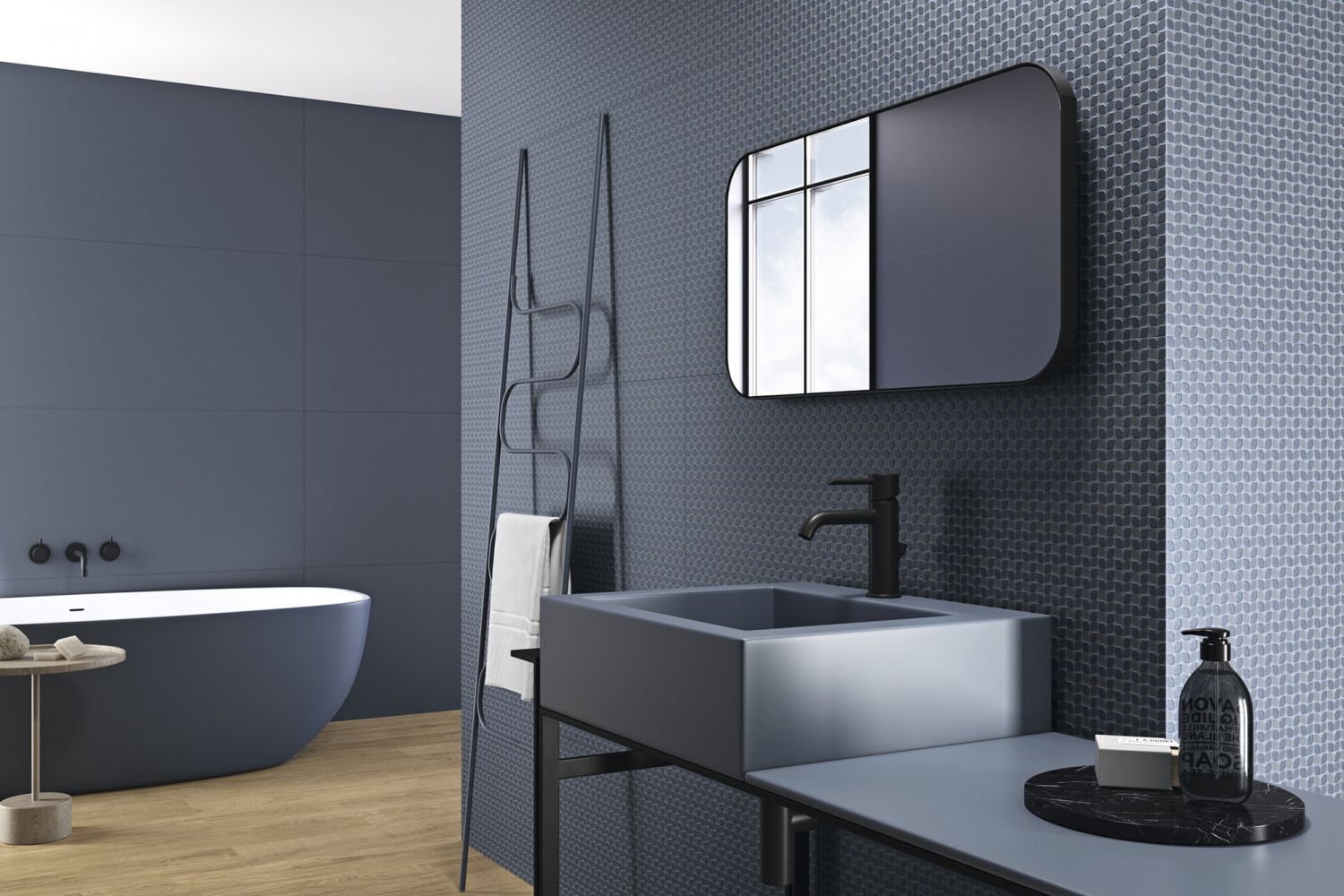 A rendering of a bathroom clad in the Woad Matt Rect tiles from the Four Seasons collection by Ape Grupo, available at Hafary