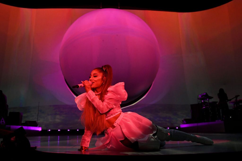 LONDON, ENGLAND - AUGUST 19: Ariana Grande performs on stage during her "Sweetener World Tour" at The O2 Arena on August 19, 2019 in London, England. (Photo by Kevin Mazur/Getty Images for AG)