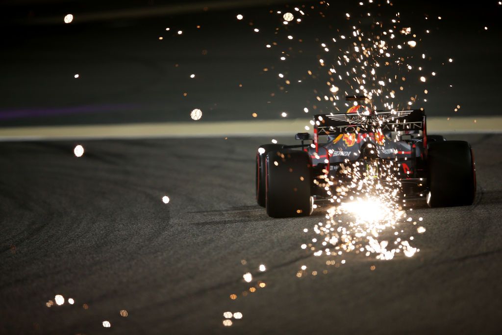 BAHRAIN, BAHRAIN - MARCH 29: Sparks fly behind Max Verstappen of the Netherlands driving the (33) Aston Martin Red Bull Racing RB15 on track during practice for the F1 Grand Prix of Bahrain at Bahrain International Circuit on March 29, 2019 in Bahrain, Bahrain. (Photo by Charles Coates/Getty Images)