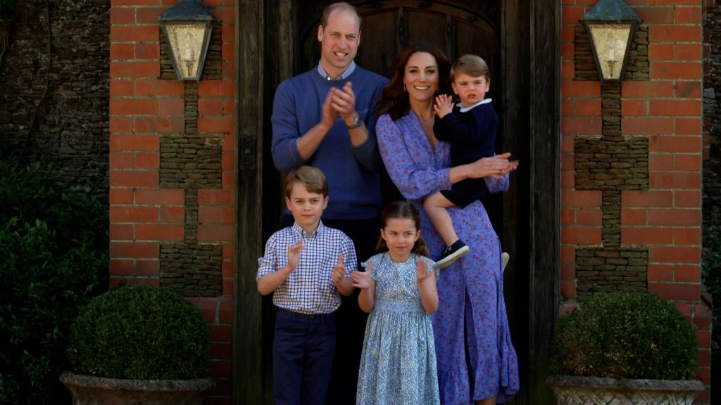 LONDON, ENGLAND - APRIL 23: In this screengrab, Prince William, Duke of Cambridge, Catherine Duchess of Cambridge, Prince George of Cambridge, Princess Charlotte of Cambridge and Prince Louis of Cambridge clap for NHS carers as part of the BBC Children In Need and Comic Relief 'Big Night In at London on April 23, 2020 in London, England.The 'Big Night In' brings the nation an evening of unforgettable entertainment in a way we've never seen before. Raising money for and paying tribute to those on the front l