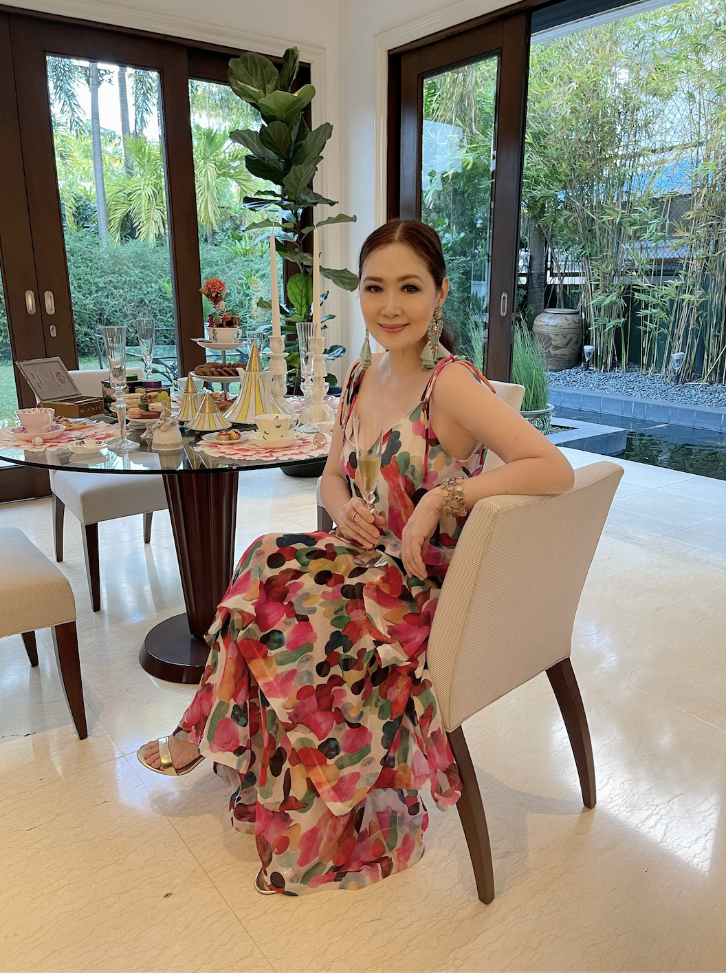 Ley enjoys her afternoon tea wearing Yong Studio