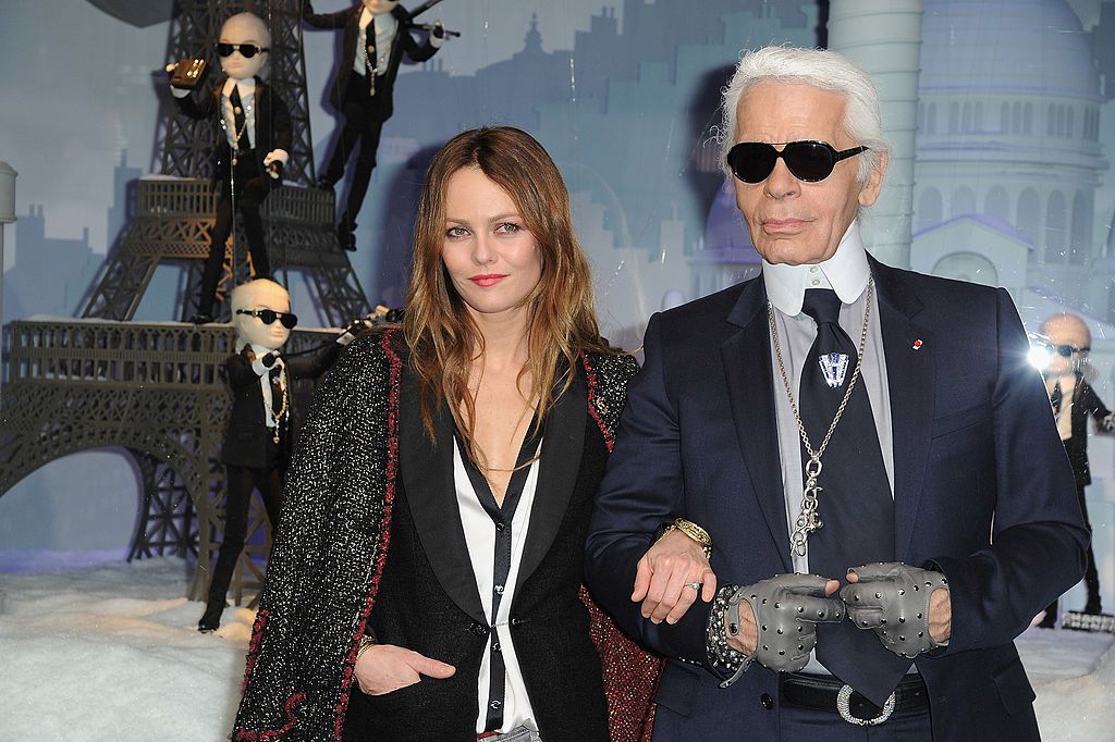PARIS, FRANCE - NOVEMBER 09:  Vanessa Paradis and Karl Lagerfeld (R) attend the Launch of the Christmas Illuminations at Le Printemps on November 9, 2011 in Paris, France.  (Photo by Pascal Le Segretain/Getty Images)