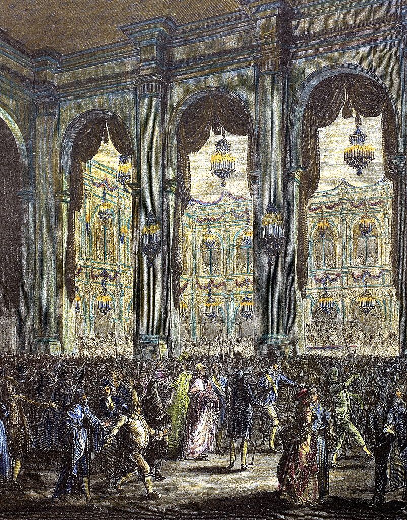 French history. 18th century. Masquerade ball. Party hosted by the city of Paris in honor of King Louis XVI. January 23, 1782. Engraving of "Paris to travers les ages". Colored. (Photo by: PHAS/Universal Images Group via Getty Images)