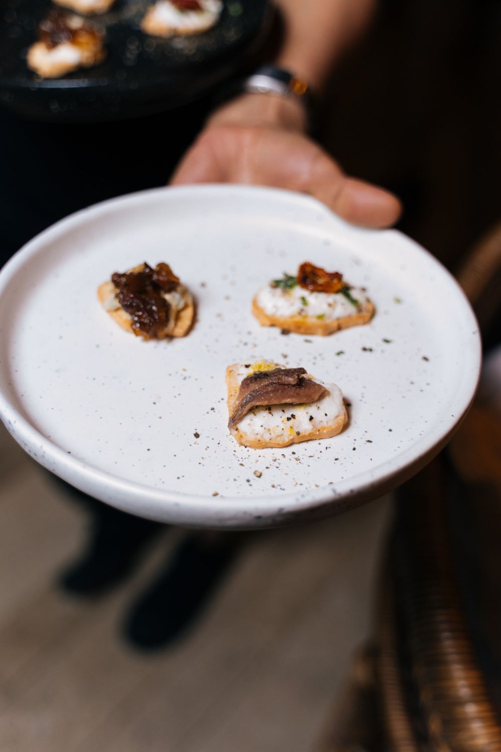 Stracciatella cheese, anchovies & lemon zest and gorgonzola cheese and caramelised onion on toast