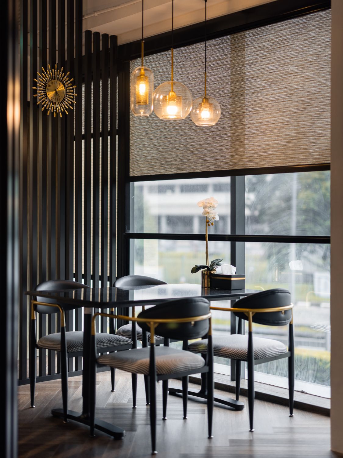 The showroom has plenty of cosy nooks, including this dining area that features the brand's blinds