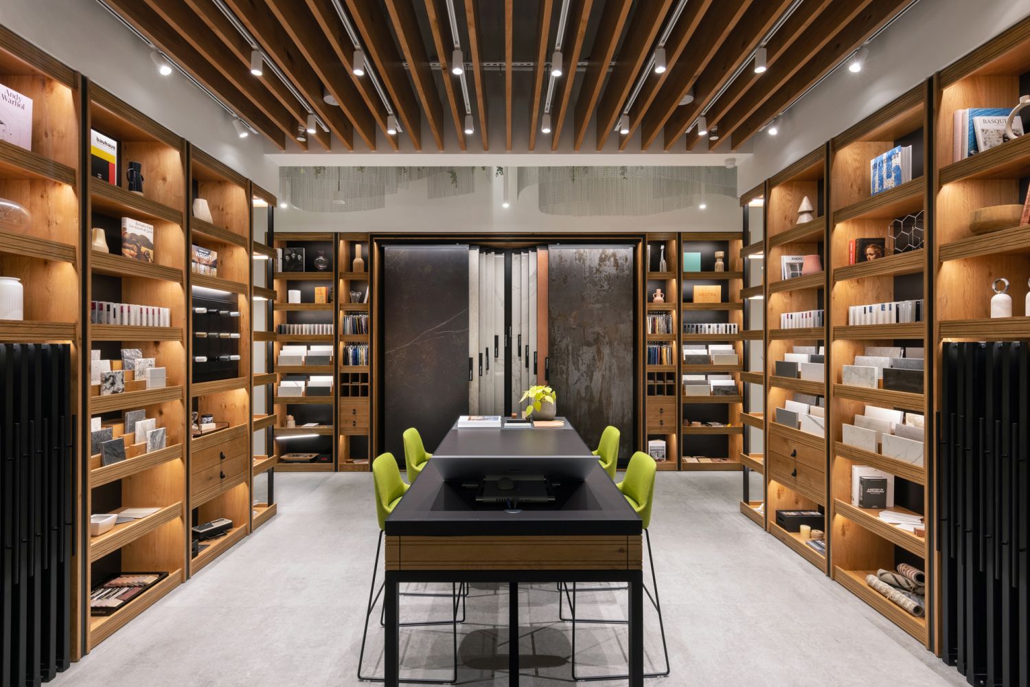 Cosentino's new showroom features a library that houses an extensive range of the brand's offerings