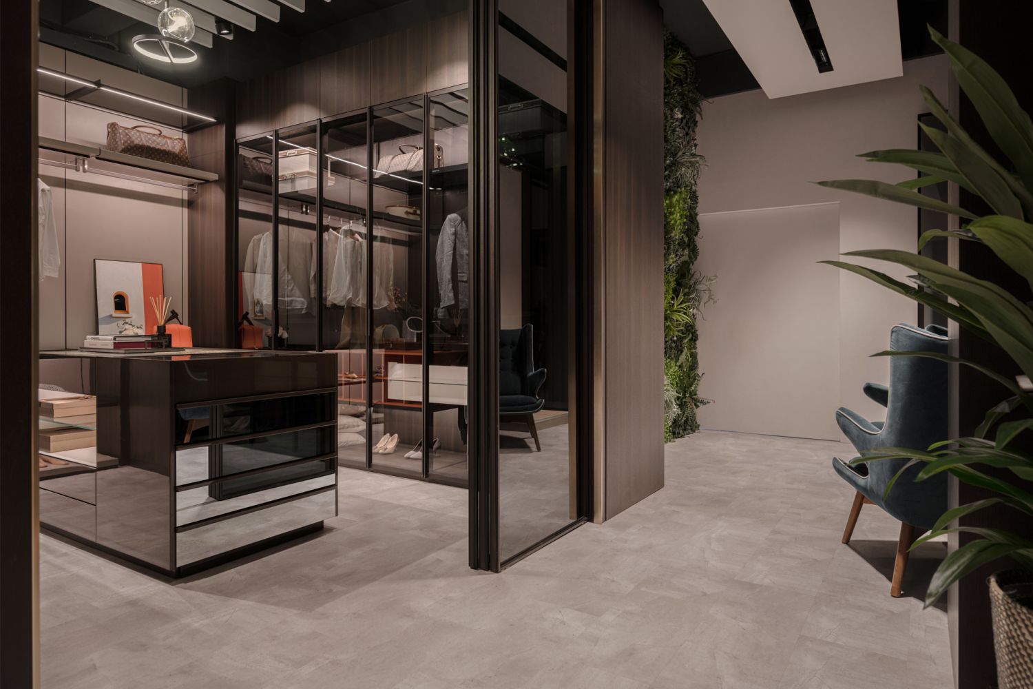 A walk-in wardrobe is one of the many spaces within the showroom