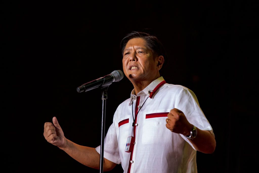 MANILA, PHILIPPINES - MAY 07: Ferdinand "Bongbong" Marcos Jr. speaks to supporters during his last campaign rally before the election on May 07, 2022 in Paranaque, Metro Manila, Philippines. Candidates for the May 9 presidential elections held their final campaign rallies two days before millions of Filipinos head to the polls to elect the country's new set of leaders. The son and namesake of ousted dictator Ferdinand Marcos Sr., who was accused and charged of amassing billions of dollars of ill-gotten weal