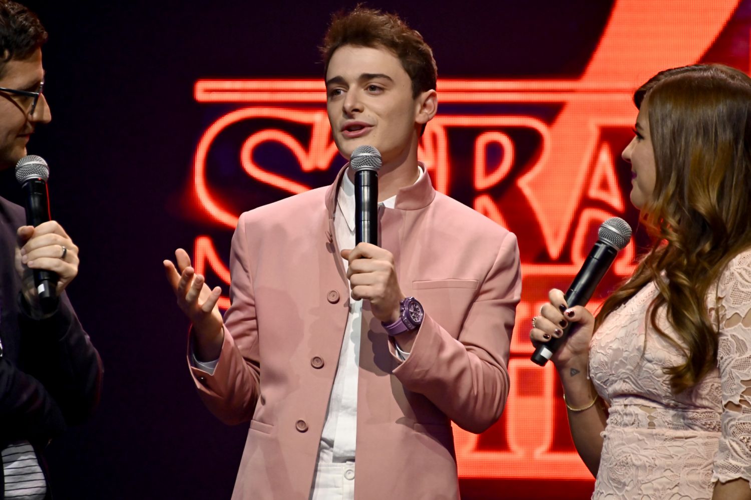 BROOKLYN, NEW YORK - MAY 14: Noah Schnapp speaks to fans onstage during Netflix's "Stranger Things" Season 4 New York Premiere at Netflix Brooklyn on May 14, 2022 in Brooklyn, New York. (Photo by Astrid Stawiarz/Getty Images for Netflix)