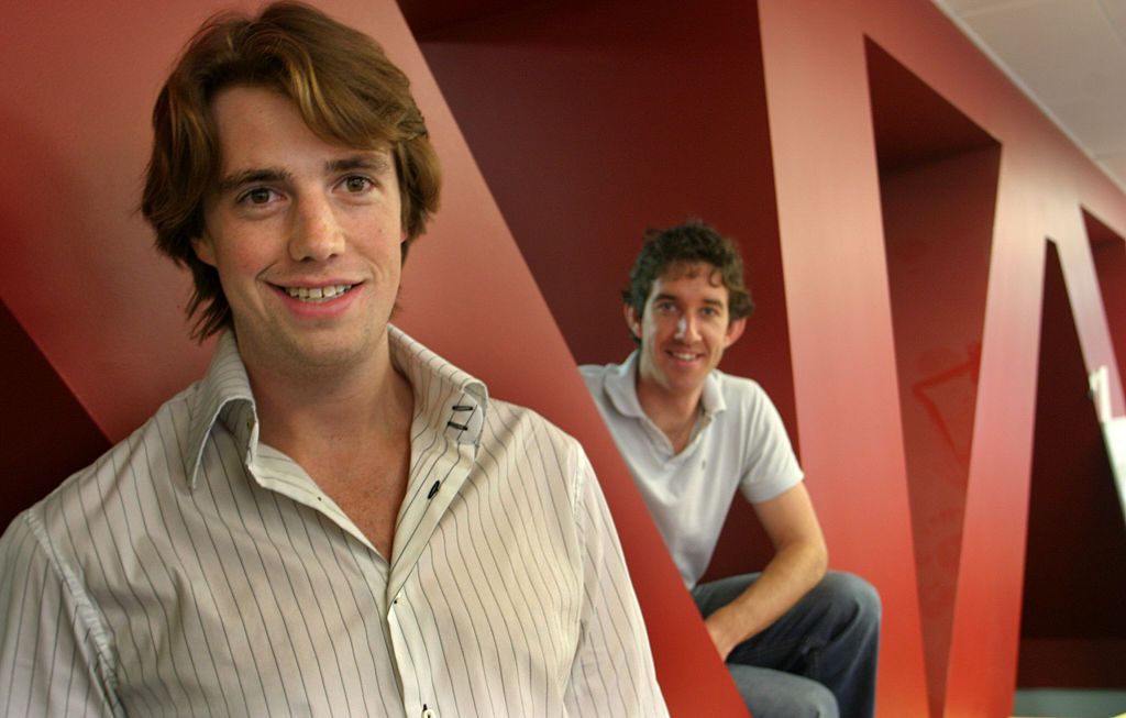 (AUSTRALIA OUT) Atlassian Co-executives Mike Cannon-Brookes and Scott Farquhar at their Sydney office, 30 November 2006. AFR Picture by JAMES ALCOCK (Photo by Fairfax Media via Getty Images via Getty Images)