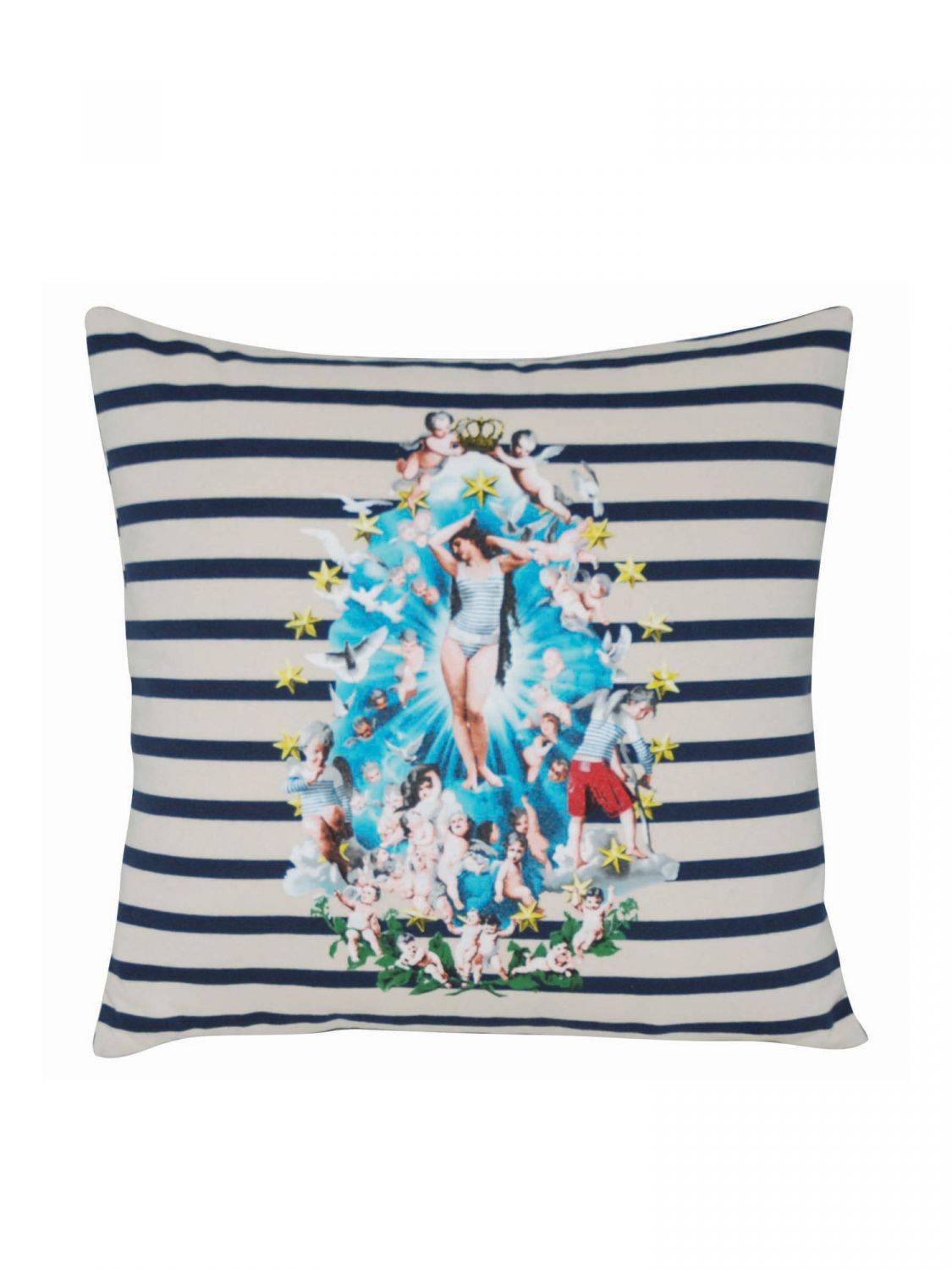 Deisgned by Gaultier, the Androgyne cushion features a colourful eccentric print