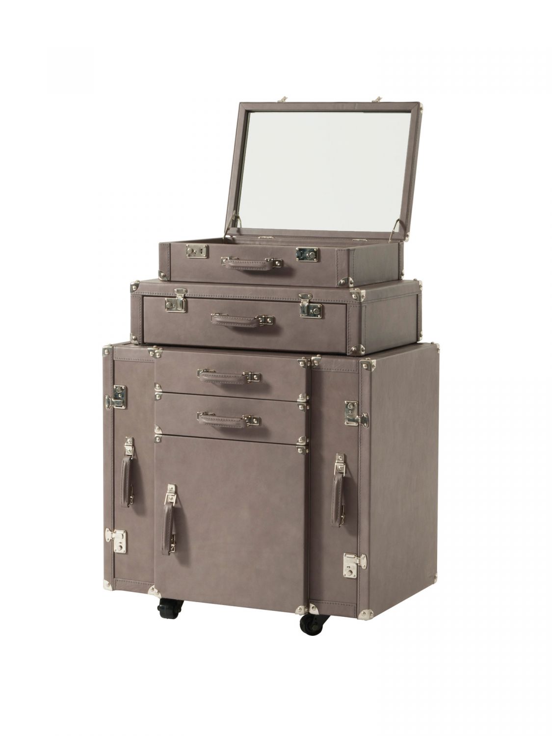 The Malles storage unit is upholstered in leather with briefcase-like locks