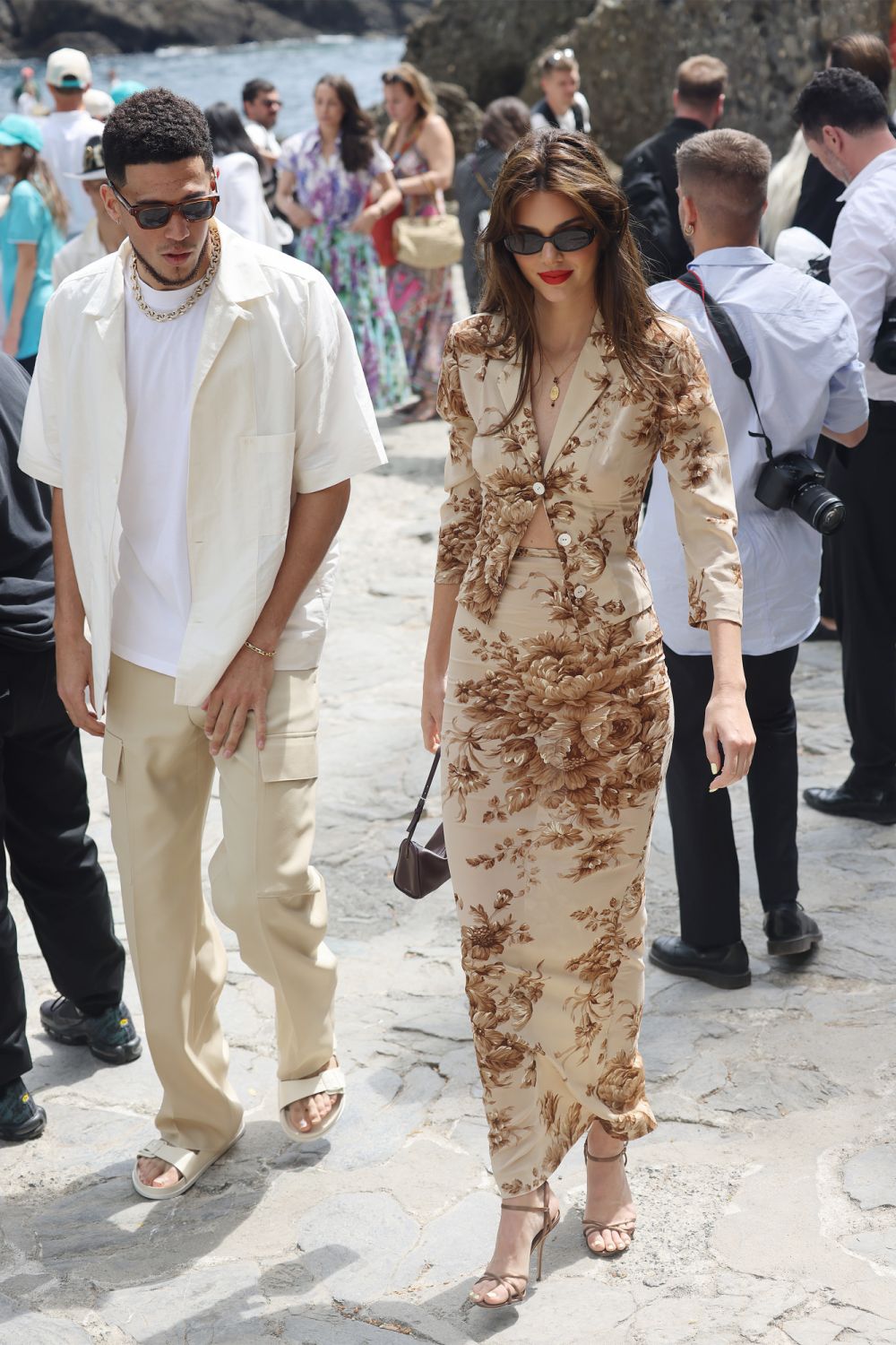 PORTOFINO, ITALY - MAY 21: Kendall Jenner and Devin Booker arriving for lunch at the Abbey of San Fruttuoso on May 21, 2022 in Portofino, Italy. (Photo by NINO/GC Images)