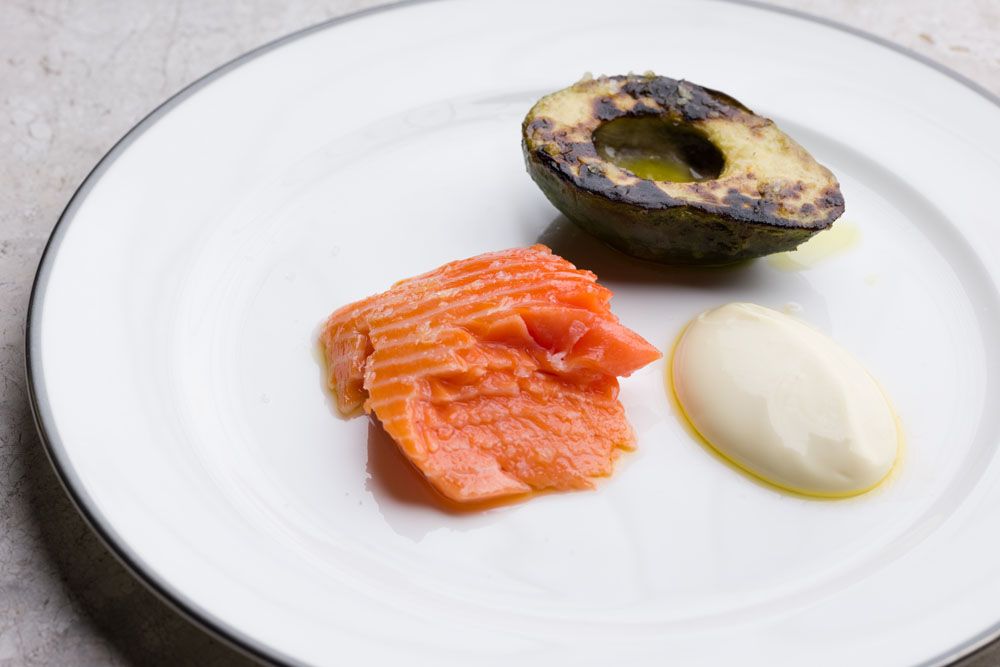 salmon confit with plancha avocado