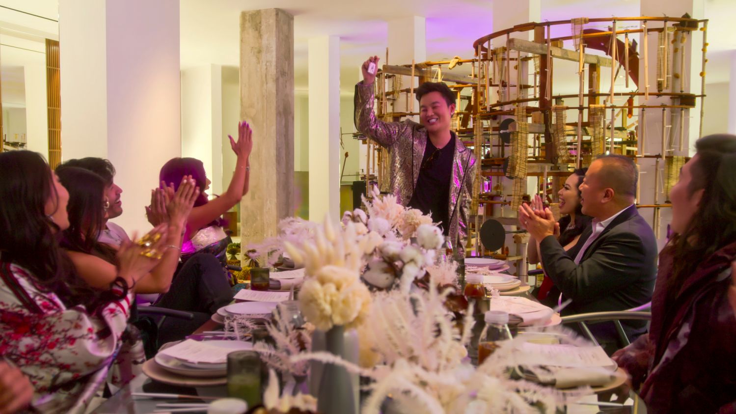 Bling Empire. (L to R) Kevin Kreider, Kim Lee, Kane Lim, Christine Chiu, Dr. Gabriel Chiu in episode 103 of Bling Empire. Cr. Courtesy Of Netflix © 2022