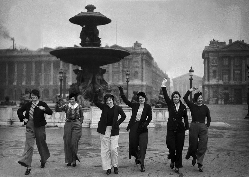 A group of models in the Place de la Concorde showing off their flared trousers - the latest in Paris fashion trends, 21st February 1933. (Photo by Keystone-France/Gamma-Keystone via Getty Images)