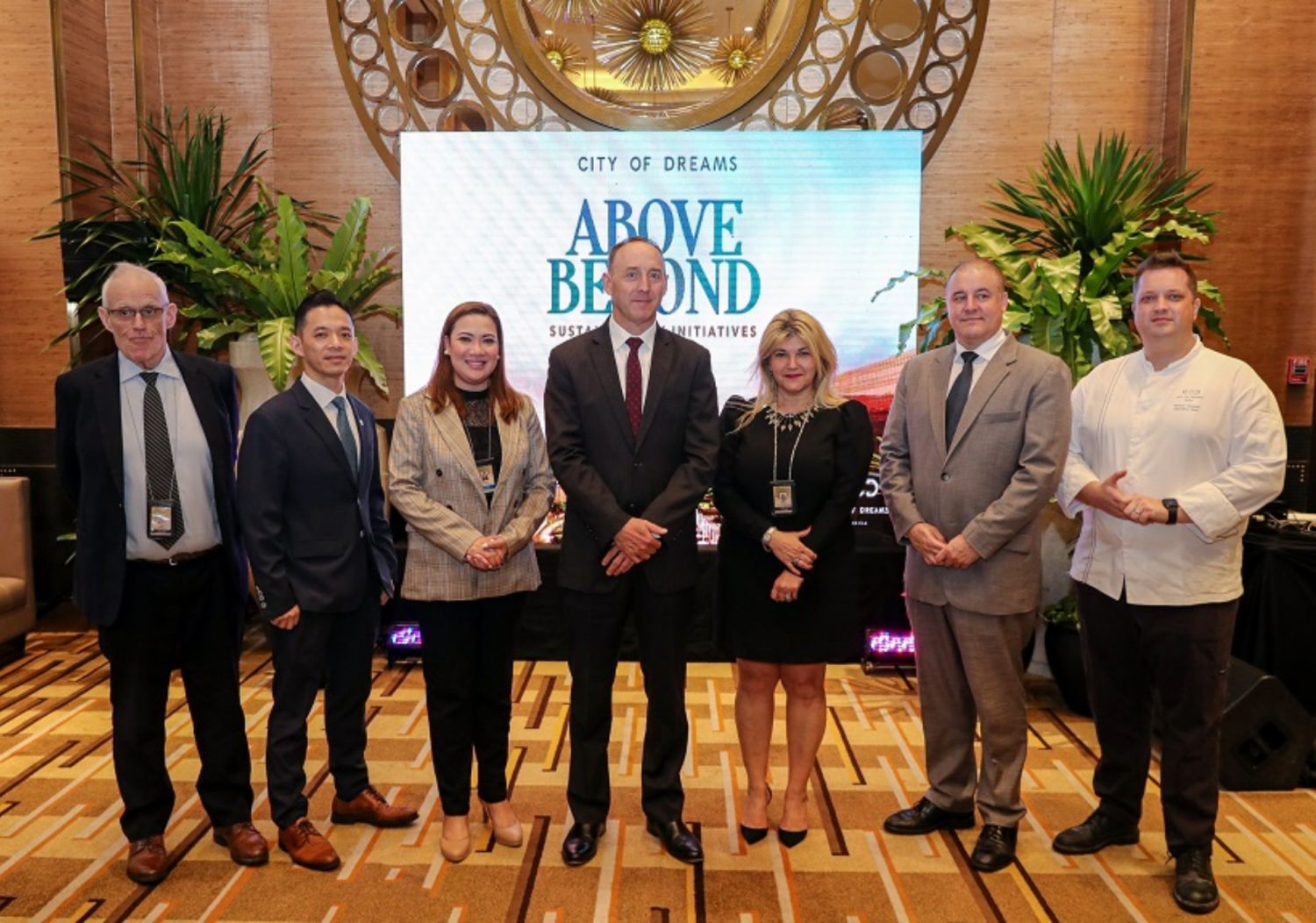 An executive team under the direction of City of Dreams Manila property president Geoff Andres (centre) drives the resort’s sustainability initiatives, from left: director of engineering Paul Bruce, director of hotel operations Kent Lee,  kaizen site leader Bernie Matubis, director of supply chain Fulya Oguz, firector for food and beverage operations Chad Ogden and executive chef Markus Tauwald
