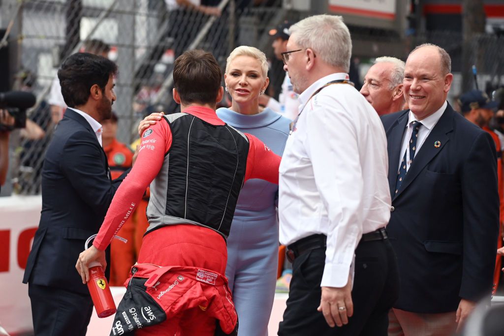 MONTE-CARLO, MONACO - MAY 29: Charles Leclerc of Monaco and Ferrari, Princess Charlene de Monaco and Prince Albert de Monaco attend the F1 Grand Prix of Monaco at Circuit de Monaco on May 29, 2022 in Monte-Carlo, Monaco. (Photo by Pascal Le Segretain/WireImage)