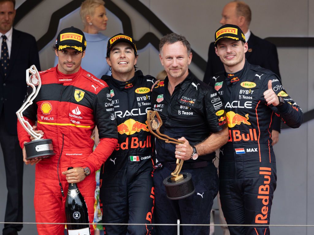 MONTE-CARLO, MONACO - MAY 29: Carlos Sainz jr, Sergio Perez, Christian Horner and Max Verstappen during the F1 Grand Prix of Monaco at Circuit de Monaco on May 29, 2022 in Monte-Carlo, Monaco. (Photo by Arnold Jerocki/FilmMagic)